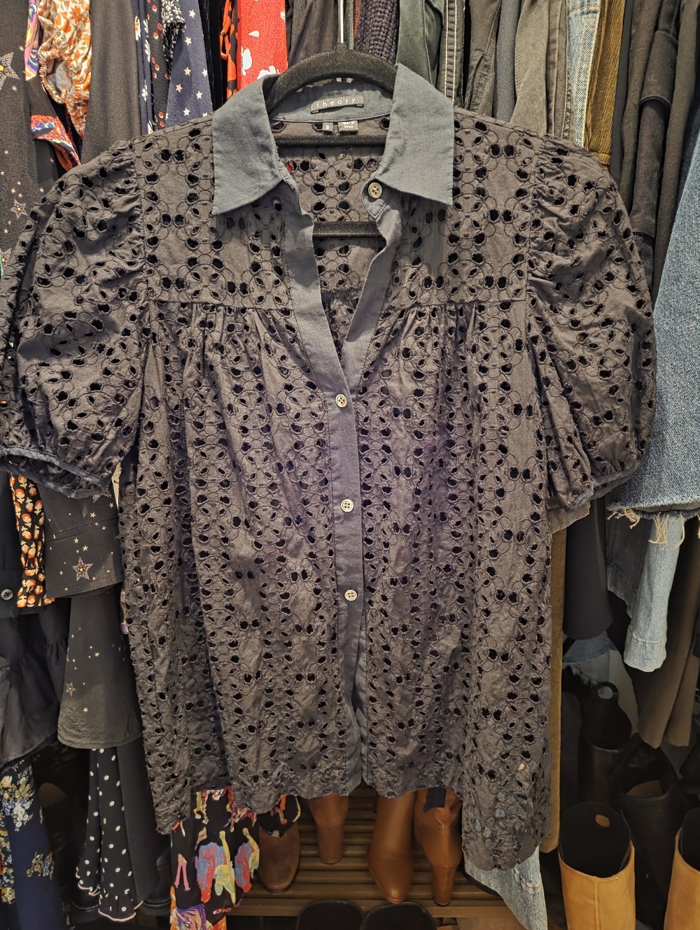Theory Black Cotton Eyelet Blouse S